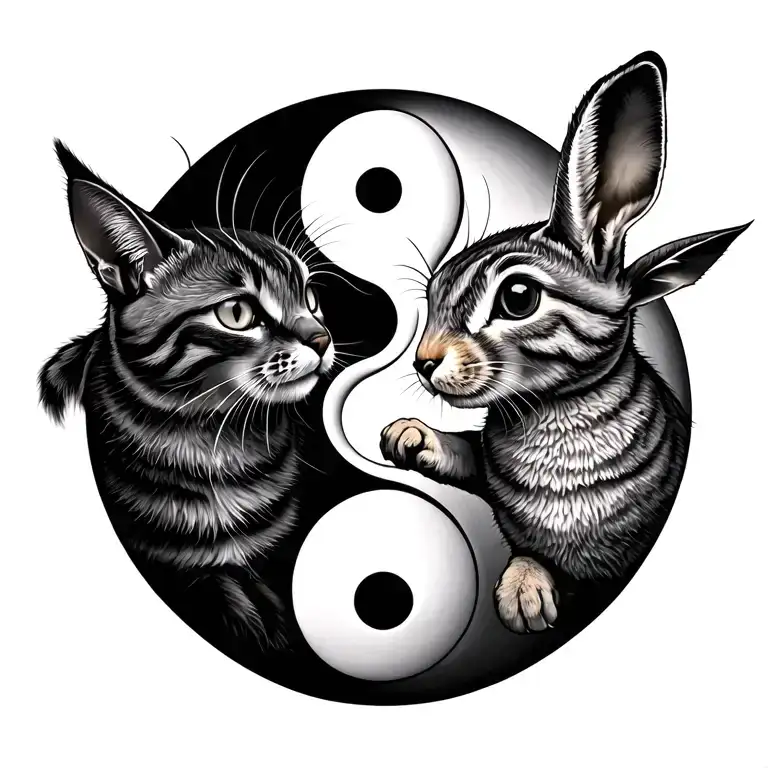 yin yang made with cat and hare running towards each other  tattoo design idea
