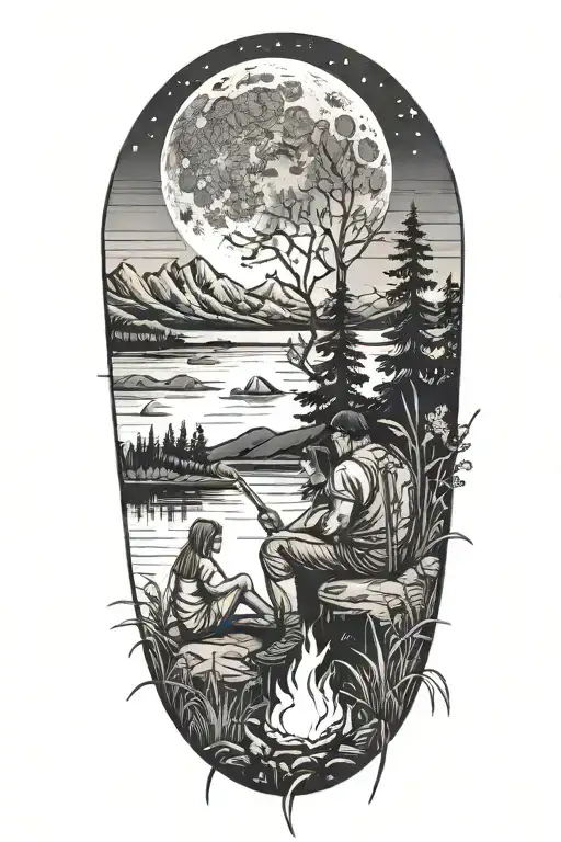 Man, woman, child, sitting at campfire overlooking lake. Trees and mountains in background. Moon. Scorpion in tall grass tattoo design idea