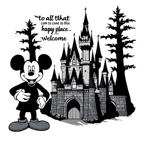 disney castle with Walt and Mickey Mouse standing and Walts quote of "to all that come to this happy place.....welcome"  tattoo design idea