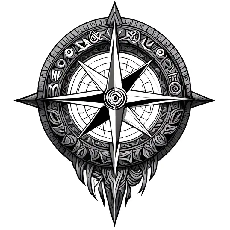 Create a line work Viking compass using symbols for protection, wisdom, and knowledge from both the Aztec and Viking  tattoo design idea