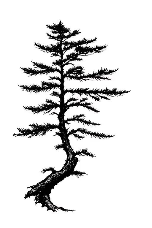 pinetree silhouette, long trunk that transforms into an ink pen tip that is writing an unreadable word tattoo design idea