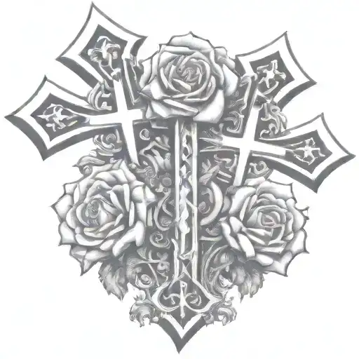 two chrome hearts crosses very close to eachother with a rose behind them. very good quality tattoo design idea