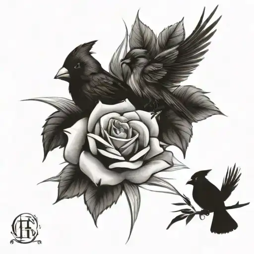 roses and cardinal an cross tattoo design idea