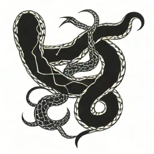 A tattoo depicting two intertwined snakes, symbolizing the complex dynamics of relationships, with AI circuit patterns subtly woven into the design, representing the client's interest in technology tattoo design idea