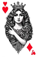Queen of hearts card, black and gray, crown tattoo design idea