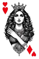 Queen of hearts card, black and gray, crown tattoo design idea