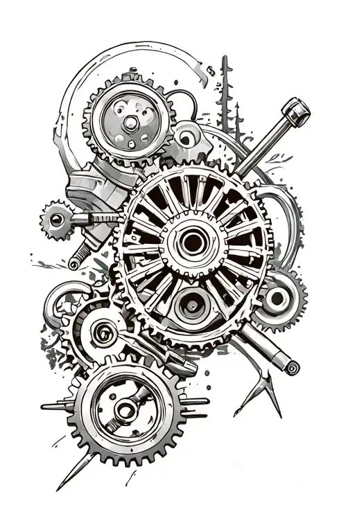 bio mechanical gears, pistons, rods with outdoor wilderness background tattoo design idea