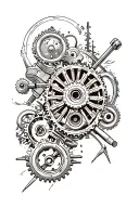 bio mechanical gears, pistons, rods with outdoor wilderness background tattoo design idea