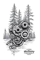 bio mechanical gears, pistons, rods with outdoor wilderness background tattoo design idea