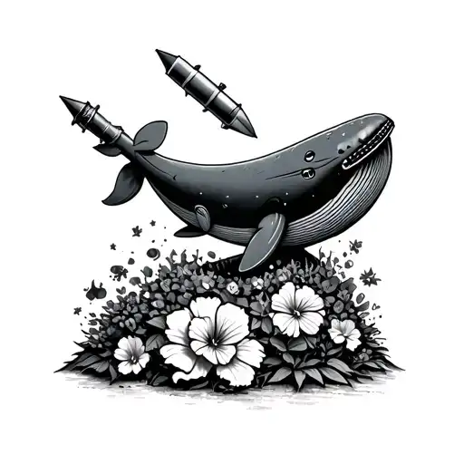 sperm whale, petunia flower pot and two missiles. Based on hitchhikers guide to the galaxy  tattoo design idea