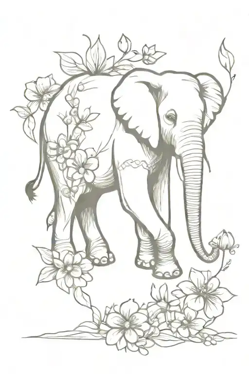 elephant with spring flowers surrounding tattoo design idea