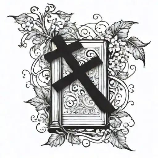 book and cross with vine thin long tattoo design idea