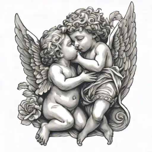 two Cupid angel kissing tattoo design idea