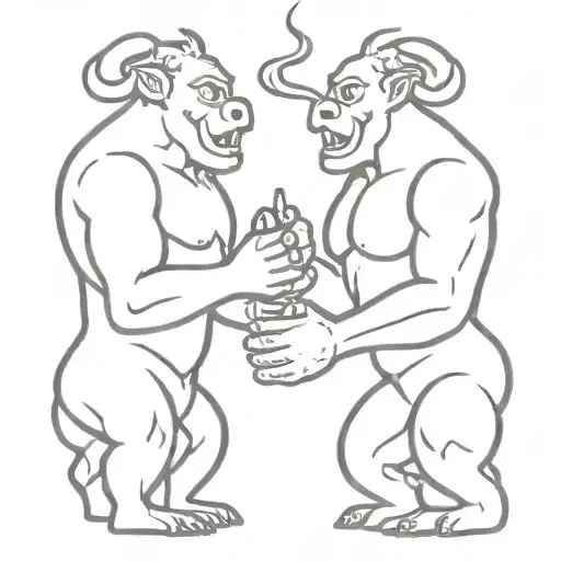 two Minotaurs fighting with burning fists while smoking cigars tattoo design idea