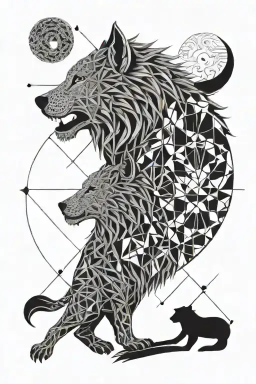 Sun lion and moon wolf head tattoo design idea
