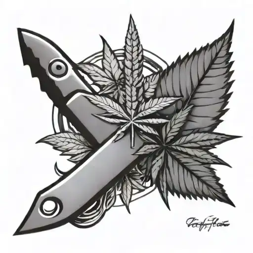 Design a tattoo of a chef's knife and cannabis leaf intertwined, representing your love for cooking and smoking weed tattoo design idea