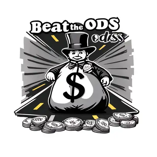 monopoly man with money bag and a road shaped like a money sign with a quote that says " beat the odds" tattoo design idea