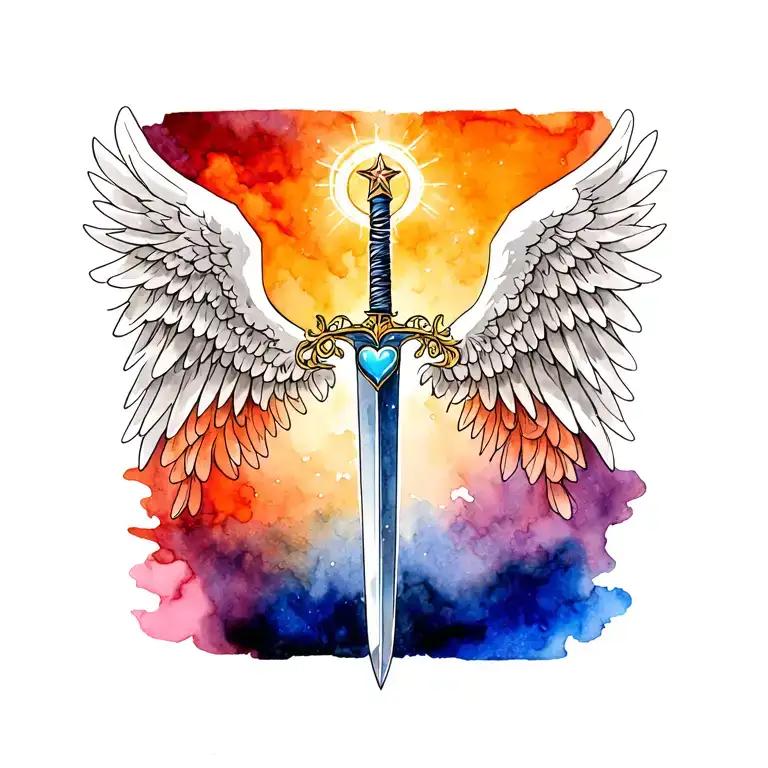 angel wings faceing up wind with a sword in the middle with a blue heart in the middle and star halo on the handle tattoo design idea