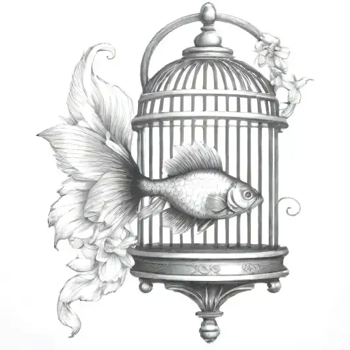 goldfish in bird cage behind bars tattoo design idea