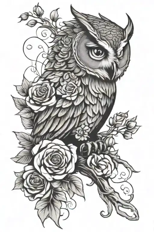 sleeve with owl and roses intertwined men tattoo design idea