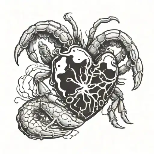 A realistic heart from which a ram and a crab burst out tattoo design idea