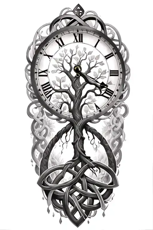 celtic tree of life clock surrounded by celtic knot tattoo design idea