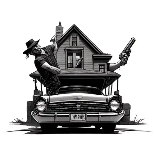 A trap house on a car doing dress and a man holding A gun tattoo design idea