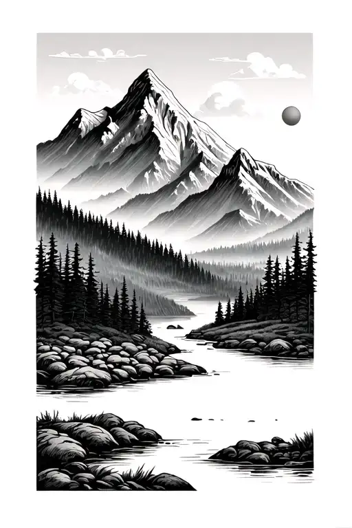 Mountains, sun, forest, stream, walk tattoo design idea