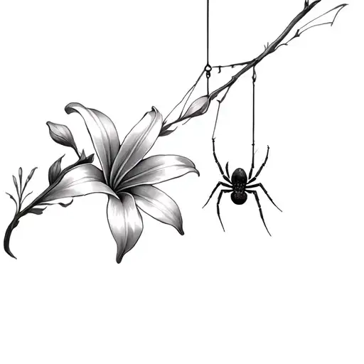 Lilly flowers and spider hanging form a web tattoo design idea