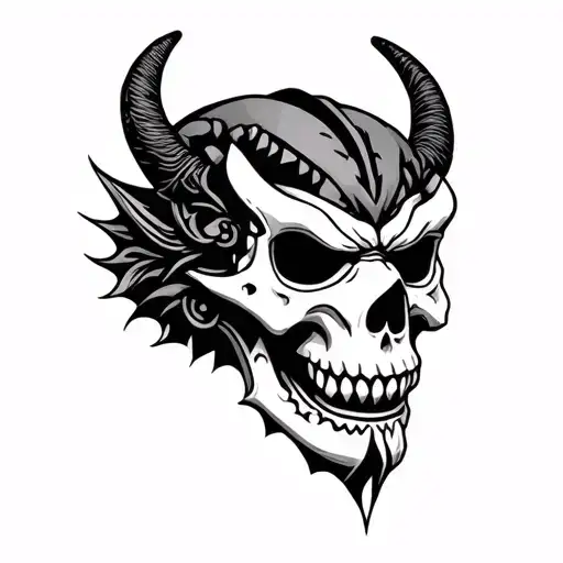 Japanese demon mask, skull tattoo design idea