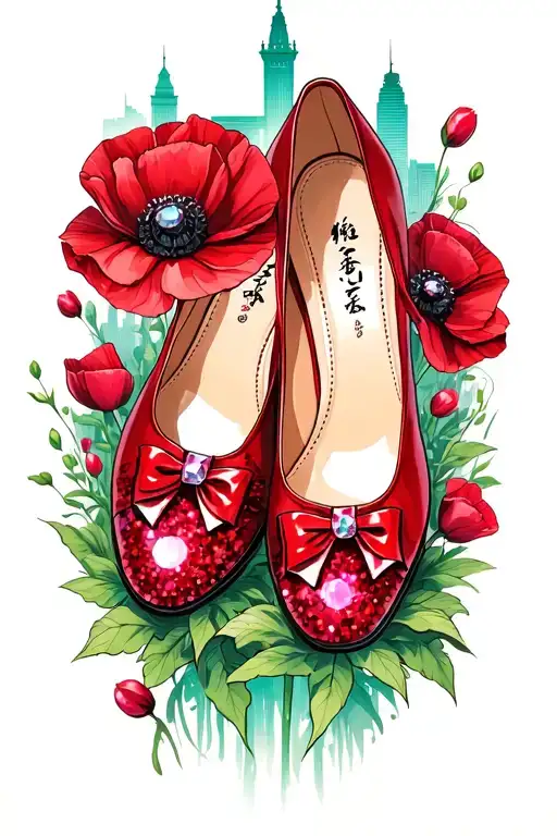 two sparkly flat red ruby  shoes with bows on toes with emerald city in background surrounded by poppies tattoo design idea