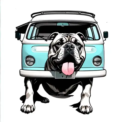 Dog Mastiff, VW T3 camper, beach, adventure tattoo design idea