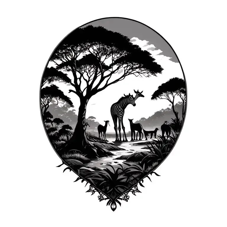 safari scene with trees back left shoulder piece, no animals  tattoo design idea