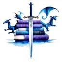 Fantasy Books stacked up spines with sword, dragons flying, in blue, black, and purple tattoo design idea
