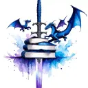 Fantasy Books stacked up spines with sword, dragons flying, in blue, black, and purple tattoo design idea