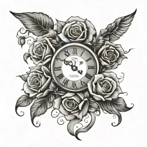 quote lost loved one ,clock, rose , clouds tattoo design idea