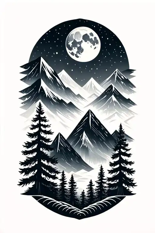 Geometric forest tattoo with trees, mountains, and moon. Grayscale, minimal, abstract shapes tattoo design idea
