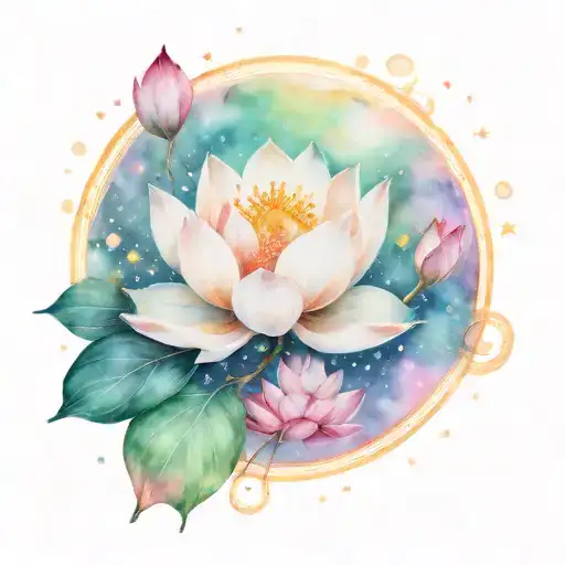 lotus, moon, stars surrounding tattoo design idea