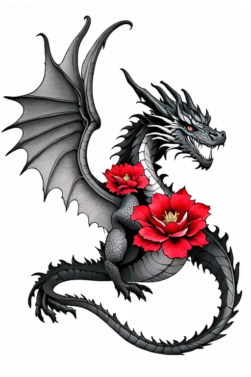 a dragon with wings and red flowers tattoo design idea