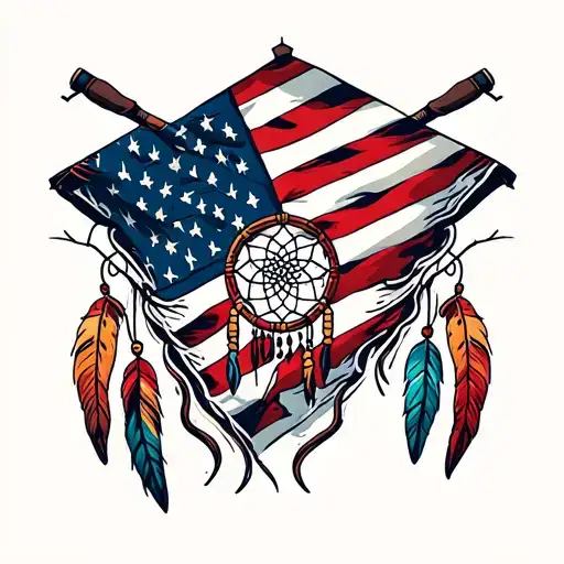 American flag bandana with fishing poles and dream catcher tattoo design idea