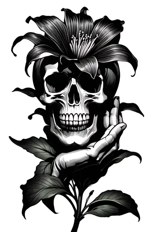 skullhand holding a lily flower. tristness about the death of sina 15.04.2025 tattoo design idea