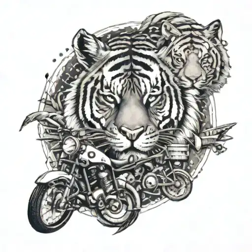 An intricate design combining a tiger, aircraft, guitar, mountain, and bike elements tattoo design idea