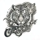 An intricate design combining a tiger, aircraft, guitar, mountain, and bike elements tattoo design idea