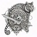 An intricate design combining a tiger, aircraft, guitar, mountain, and bike elements tattoo design idea