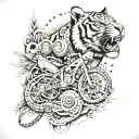 An intricate design combining a tiger, aircraft, guitar, mountain, and bike elements tattoo design idea