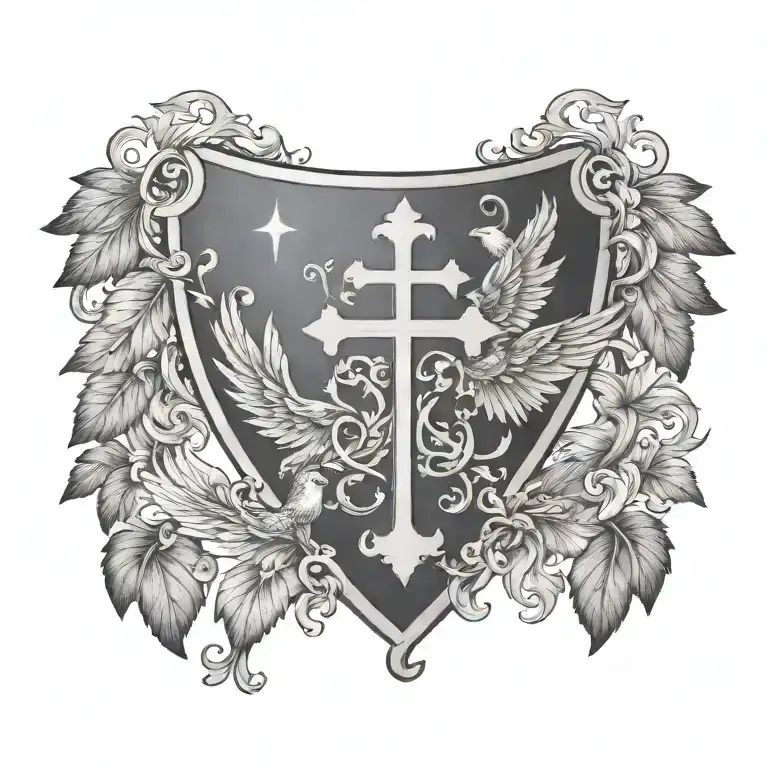coat of arms dove wings closed, cross  tattoo design idea