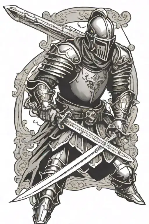 knight in plate mail holding sword with skull face tattoo design idea