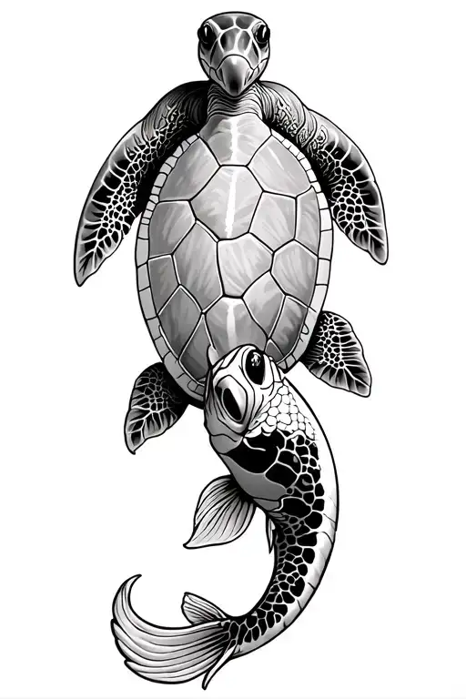 Black and grey tattoo flash design of a Hawaiian honu sea turtle swimming in a graceful S-curve, matching a koi fish tat tattoo design idea