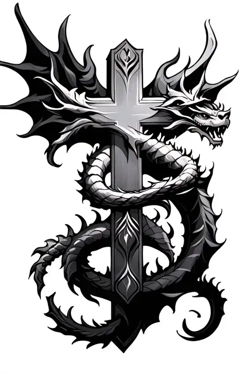 christian Cross with dragon wrapped tattoo design idea