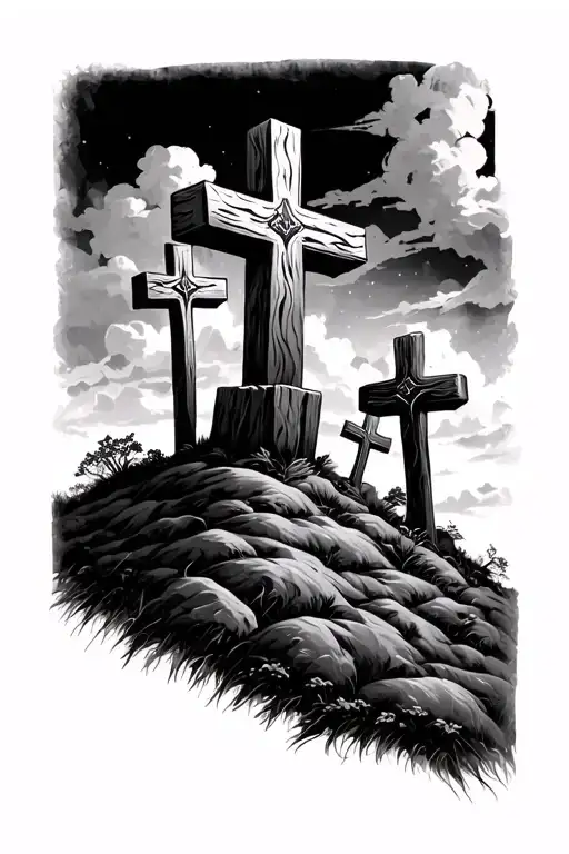 3 crosses on a hill dark sky tattoo design idea
